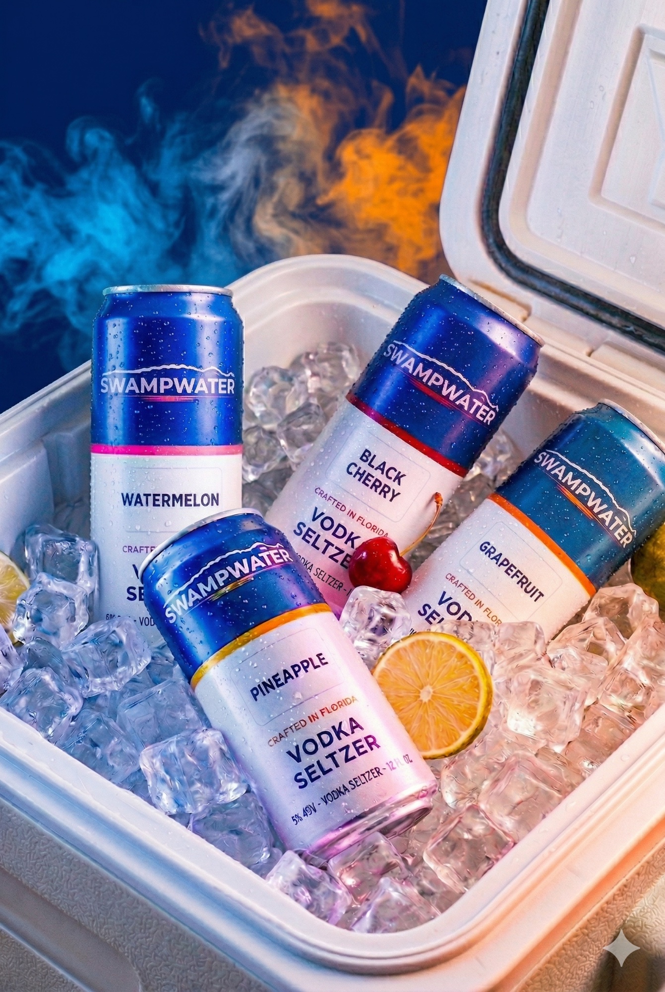 SwampWater Vodka Seltzer cans on ice — Watermelon, Black Cherry, Pineapple, and Grapefruit flavors, crafted in Florida