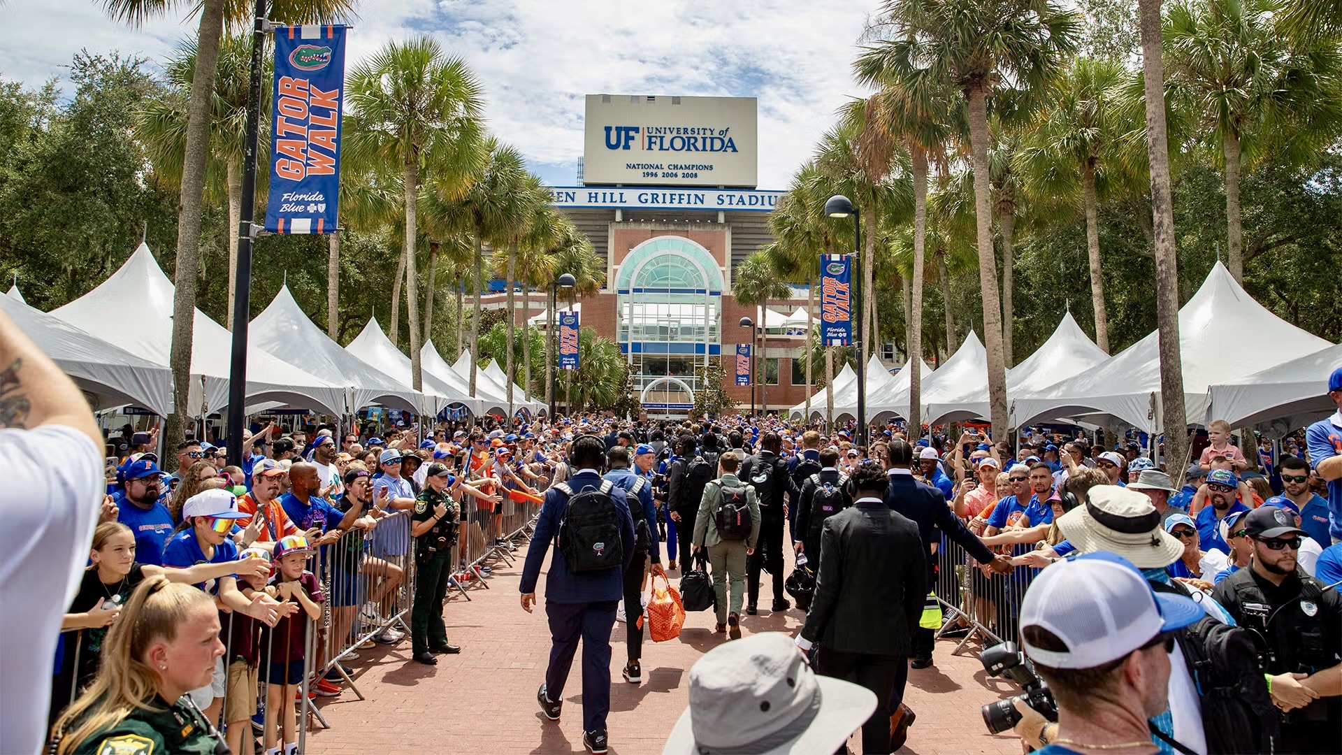Gator Walk at Ben Hill Griffin Stadium, University of Florida — the campus where SwampWater was born, packed with fans on game day