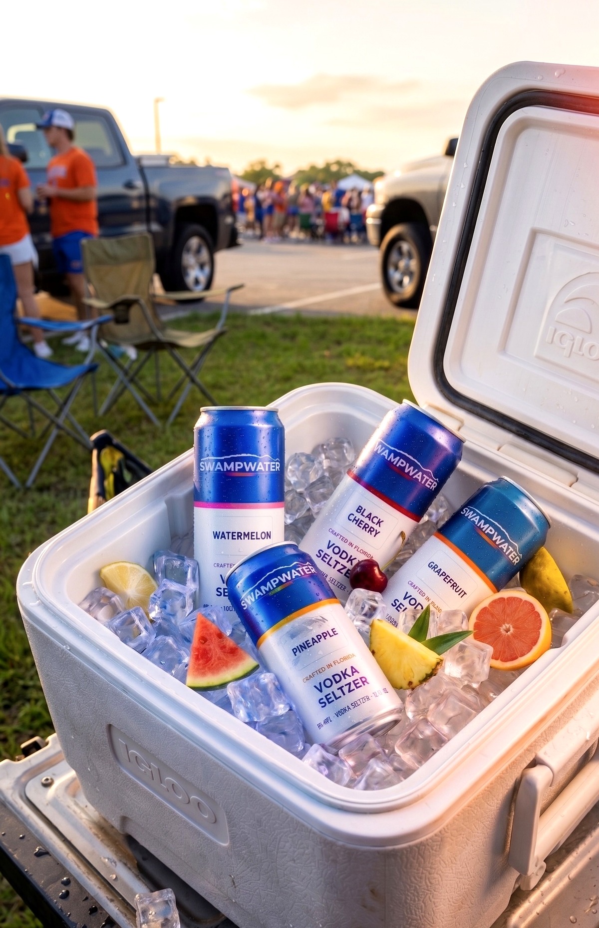 SwampWater Vodka Seltzer all four flavors on ice in a cooler — Watermelon, Black Cherry, Pineapple, Grapefruit, crafted in Florida